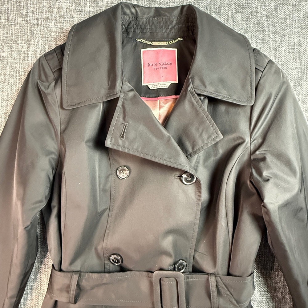 Women Kate Spade Trench Coat | Size S | Black Ruffle Hem Belted Jacket - Picture 5 of 13